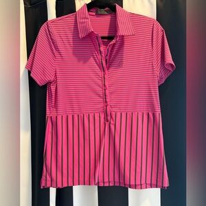 GFORE Pink and Olive Striped Golf Polo- Small